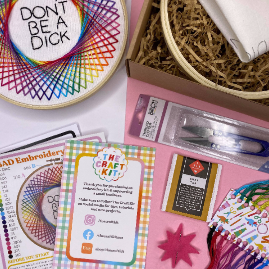 contents of don't be a dick rainbow spirograph embroidery kit from the crafty cowgirl
